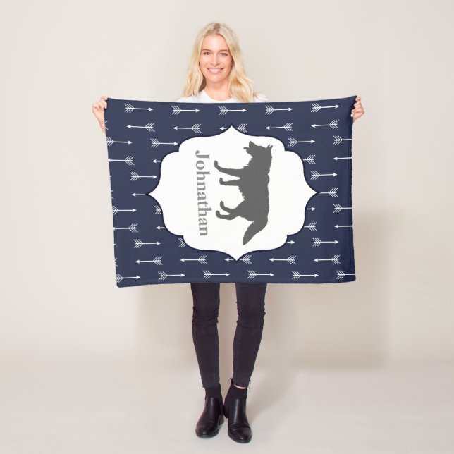 Modern Rustic Grey Wolf Silhouette & Arrows Fleece Blanket (In Situ)