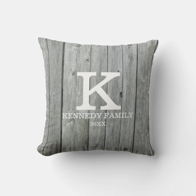 Modern Rustic Grey Wood Family Name Monogram Cushion (Front)