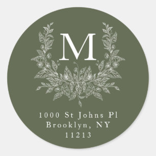 Modern Rustic holiday monogram Olive Drab Classic Round Sticker