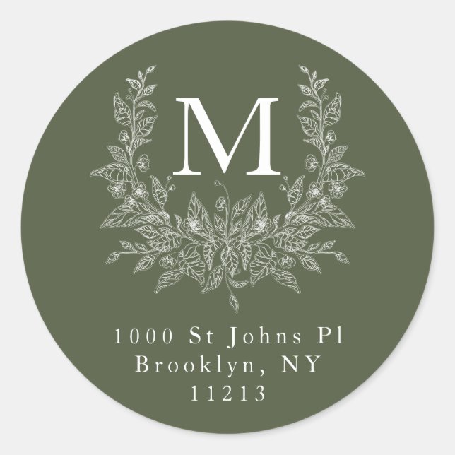 Modern Rustic holiday monogram Olive Drab  Classic Round Sticker (Front)