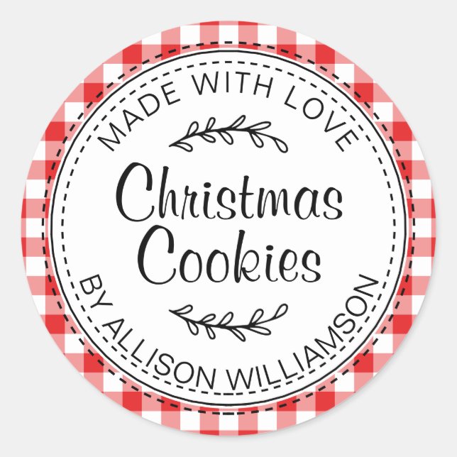Modern Rustic Homemade Christmas Cookies Red Check Classic Round Sticker (Front)