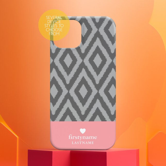 Modern Rustic Ikat Grey Coral Heart Monogram Case-Mate iPhone Case (Modern ikat pattern with monogram)