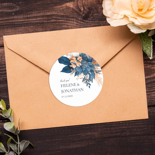 Modern Rustic Indigo Elegant Wedding Thank You Classic Round Sticker (Modern Rustic Indigo Elegant Wedding Thank You Classic Round Sticker)