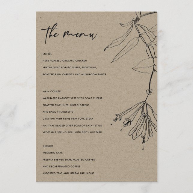 MODERN RUSTIC KRAFT BLACK LINE DRAWING FLORAL MENU (Front)