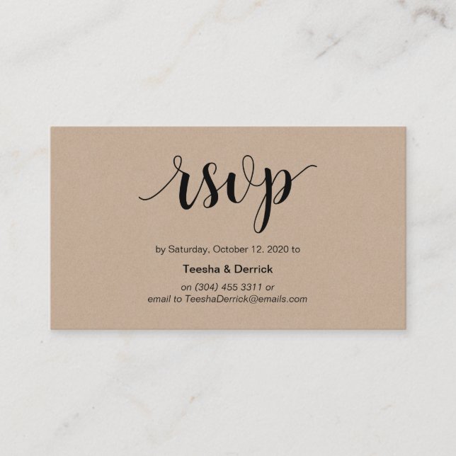 Modern Rustic, Kraft, Black Script, Wedding RSVP Enclosure Card (Front)