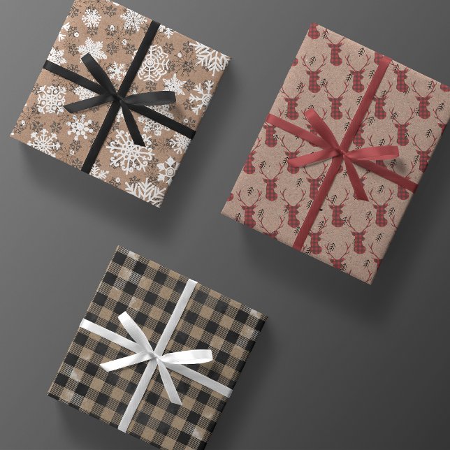 Modern Rustic Kraft Black White Red Christmas Gift Wrapping Paper Sheet (Creator Uploaded)