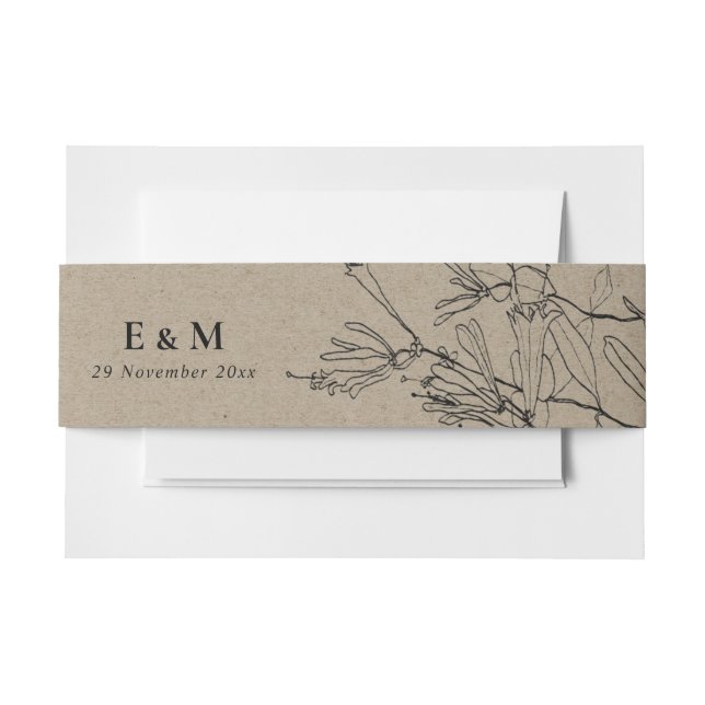 MODERN RUSTIC KRAFT LINE DRAWING FLORAL WEDDING INVITATION BELLY BAND (Front Example)