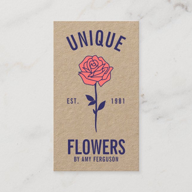 Modern rustic kraft trendy blue pink rose flower business card (Front)