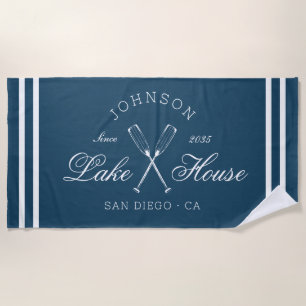 Modern Rustic Lake House Boat Oars Blue Stripes Beach Towel