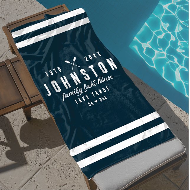 Modern Rustic Lake House | Navy White Beach Towel (Creator Uploaded)