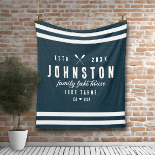 Modern Rustic Lake House   Navy White Fleece Blanket