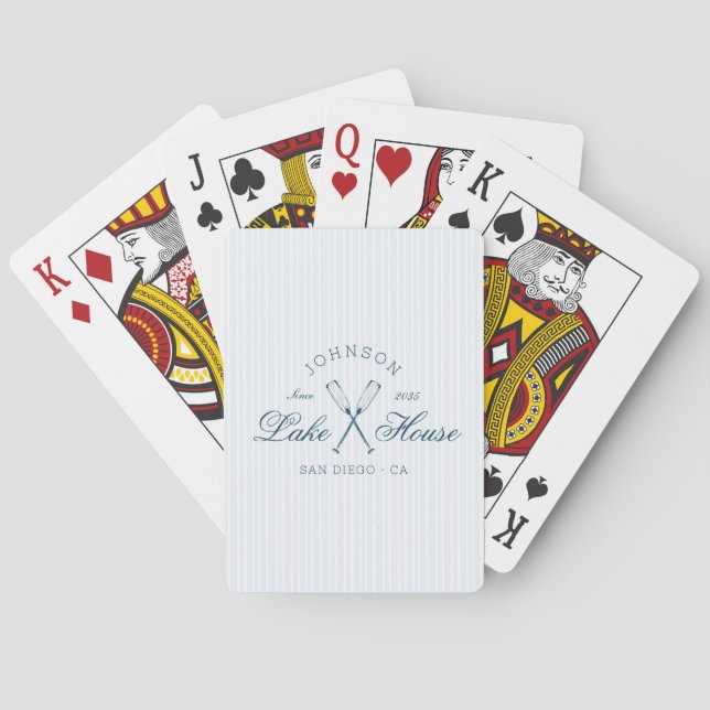 Modern Rustic Lake House Oars Blue Stripes Playing Cards (Back)