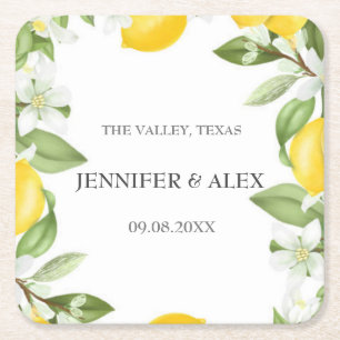 Modern Rustic Lemons Custom Boho Gifts Wedding Square Paper Coaster