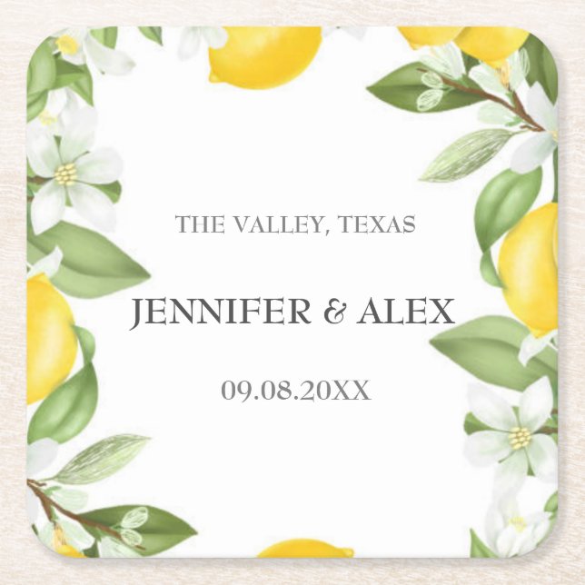 Modern Rustic Lemons Custom Boho Gifts Wedding Square Paper Coaster (Front)