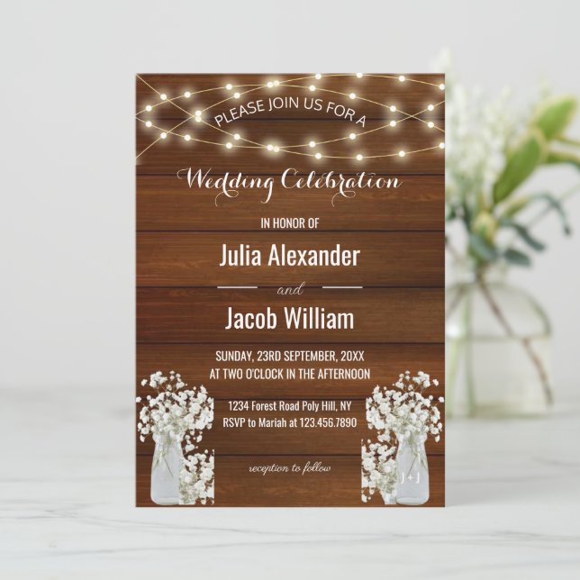 Modern Rustic Lights | Flowers in Jar | Wedding Invitation (Standing Front)