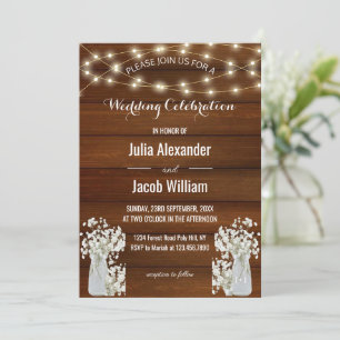 Modern Rustic Lights   Flowers in Jar   Wedding Invitation