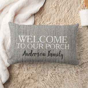 Modern rustic linen Welcome to Porch family name Lumbar Cushion
