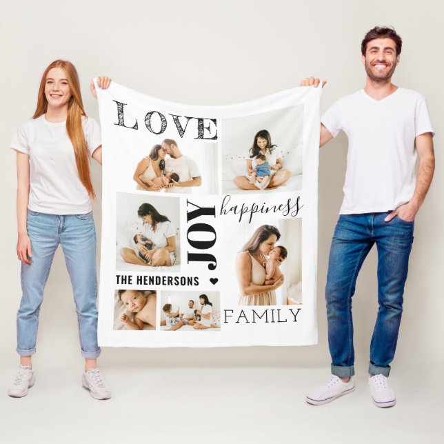 Modern Rustic Love Family 6-Photo Collage Fleece Blanket (In Situ)