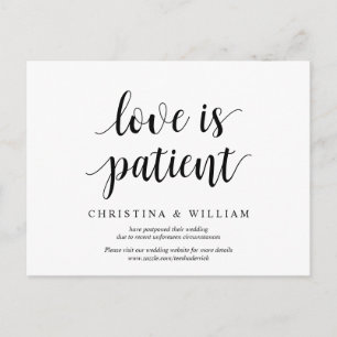 Modern rustic, love is patient, wed postponed postcard