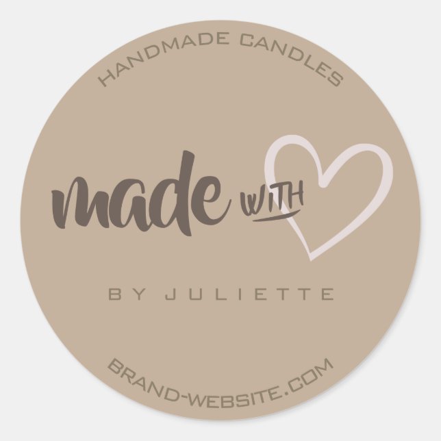 Modern Rustic Made with Love Heart Natural Brown Classic Round Sticker (Front)