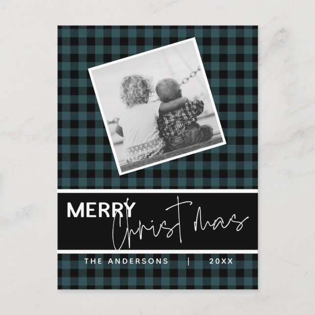 Modern Rustic Merry Christmas Plaid Photo Postcard (Front)