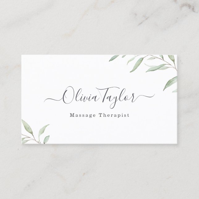 Modern Rustic Minimal Greenery Massage Therapist Business Card (Front)