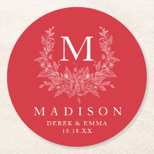 Modern Rustic monogram Amaranth Red wedding  Round Paper Coaster