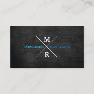 MODERN RUSTIC MONOGRAM Blue Text & Black Wood Business Card