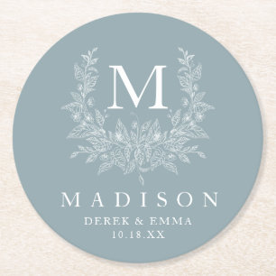 Modern Rustic monogram Cadet Grey wedding Round Paper Coaster
