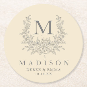 Modern Rustic monogram Champagne wedding Round Paper Coaster