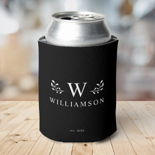 Modern Rustic Monogram Custom Family Name Black Can Cooler