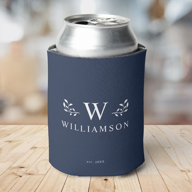 Modern Rustic Monogram Custom Family Name Blue Can Cooler (silver can sits in a blue can cooler with "WILLIAMSON" and a "W" monogram in elegant white text. )