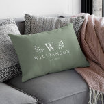 Modern Rustic Monogram Custom Family Name Sage Lumbar Cushion<br><div class="desc">Modern rustic monogram custom name newlywed lumbar pillow with your family name and initial as well we year established surrounded by whimsical branch illustrations. Minimalist,  simple,  and stylish,  this dusty sage green family pillow is a perfect cosy wedding gift!</div>