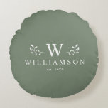 Modern Rustic Monogram Custom Family Name Sage Round Cushion<br><div class="desc">Modern rustic monogram custom name newlywed round pillow with your family name and initial as well we year established surrounded by whimsical branch illustrations. Minimalist,  simple,  and stylish,  this dusty sage green family pillow is a perfect cosy wedding gift!</div>