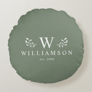 Modern Rustic Monogram Custom Family Name Sage Round Cushion