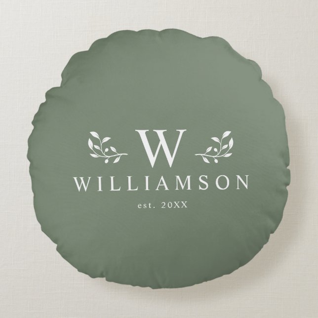 Modern Rustic Monogram Custom Family Name Sage Round Cushion (Front)