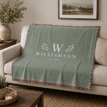 Modern Rustic Monogram Custom Family Name Sage Throw Blanket<br><div class="desc">Modern rustic monogram custom name throw blanket with your family name and initial as well we year established surrounded by whimsical branch illustrations. Minimalist,  simple,  and stylish,  this dusty sage green blanket is a perfect cosy Mother's day gift!</div>