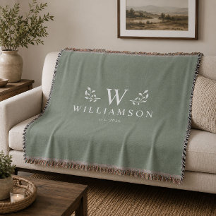 Modern Rustic Monogram Custom Family Name Sage Throw Blanket