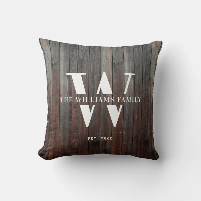 Modern Rustic Monogram Family Name Vintage Wood Cushion (Front)
