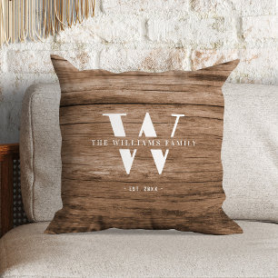 Modern Rustic Monogram Family Name Vintage Wood Cushion