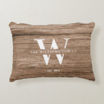 Modern Rustic Monogram Family Name Vintage Wood Decorative Cushion<br><div class="desc">This modern, rustic accent pillow features your family monogram and name over a printed medium brown wood backdrop in a retro vintage typography design. Customise with your family name and initial and make this your own unique keepsake for the farmhouse style lake house, family cottage, or country cabin - or...</div>
