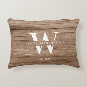 Modern Rustic Monogram Family Name Vintage Wood Decorative Cushion