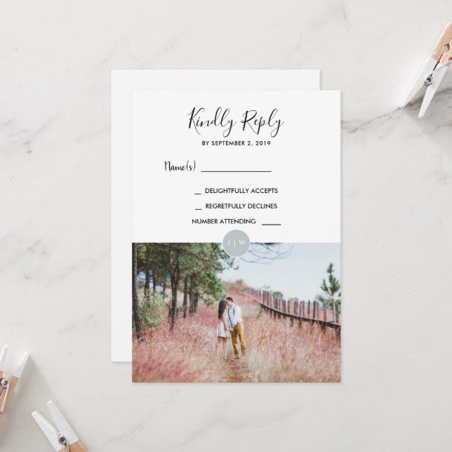 Modern rustic monogram photo RSVP Wedding card (Front/Back In Situ)