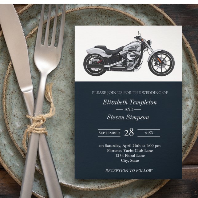 Modern Rustic Motorcycle Navy Classic Wedding Invitation (Creator Uploaded)