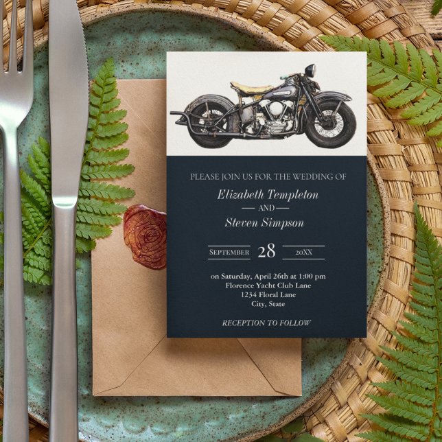 Modern Rustic Motorcycle Navy Vintage Wedding Invitation (Vintage Navy Motorcycle Wedding Invitation Suite.)