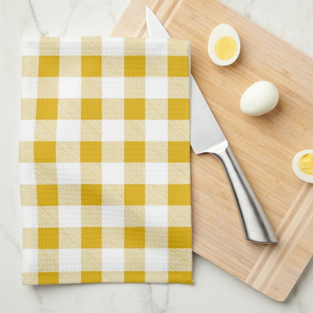 Modern Rustic Mustard Yellow Gingham Checks Tea Towel (Quarter Fold)