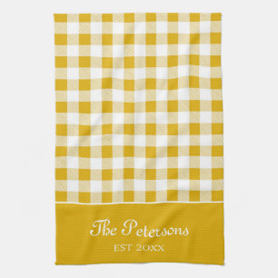Modern Rustic Mustard Yellow Gingham Family Name Tea Towel