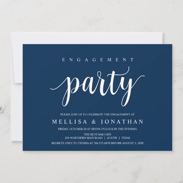 Modern Rustic, Navy Blue Script, Engagement Party Invitation (Front)