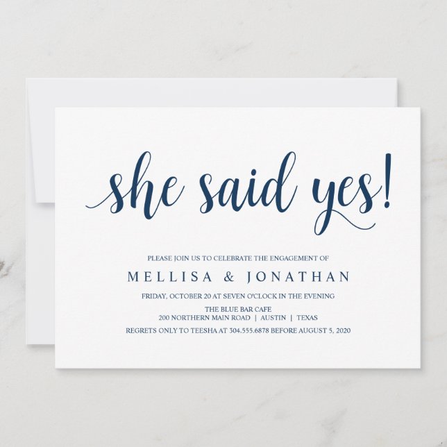 Modern Rustic, Navy Blue script, Engagement Party Invitation (Front)