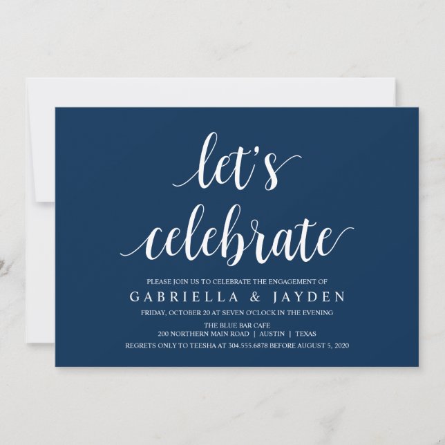 Modern Rustic, Navy Blue script, Engagement Party Invitation (Front)